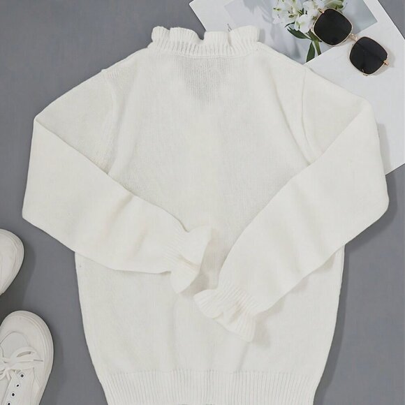 White Casual Women's Autumn/Winter Solid Color Frilled Edge V-Neck Sweater - Picture 2 of 6